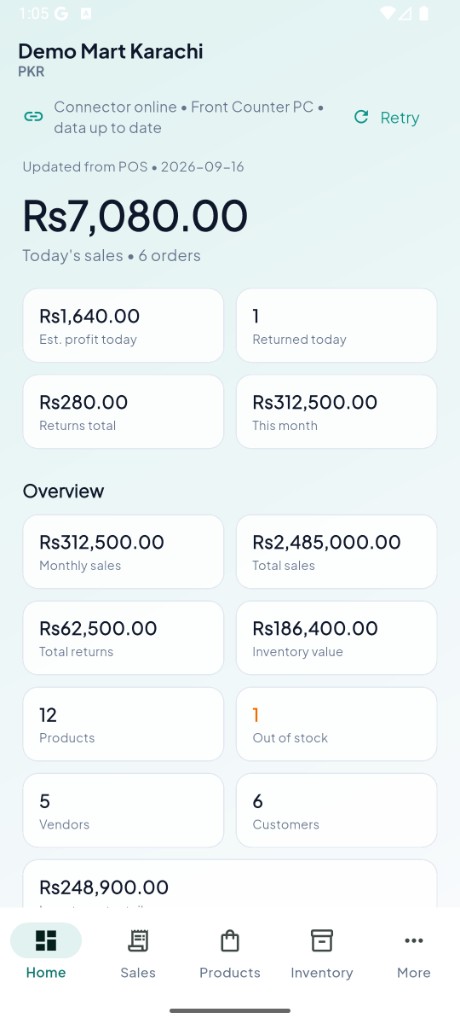 AroWhere home dashboard with today's sales